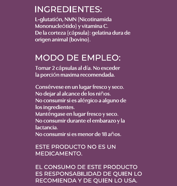 ESSENZA RGN · Suplemento a base de NMN, L-Glutatión y Vitamina C.