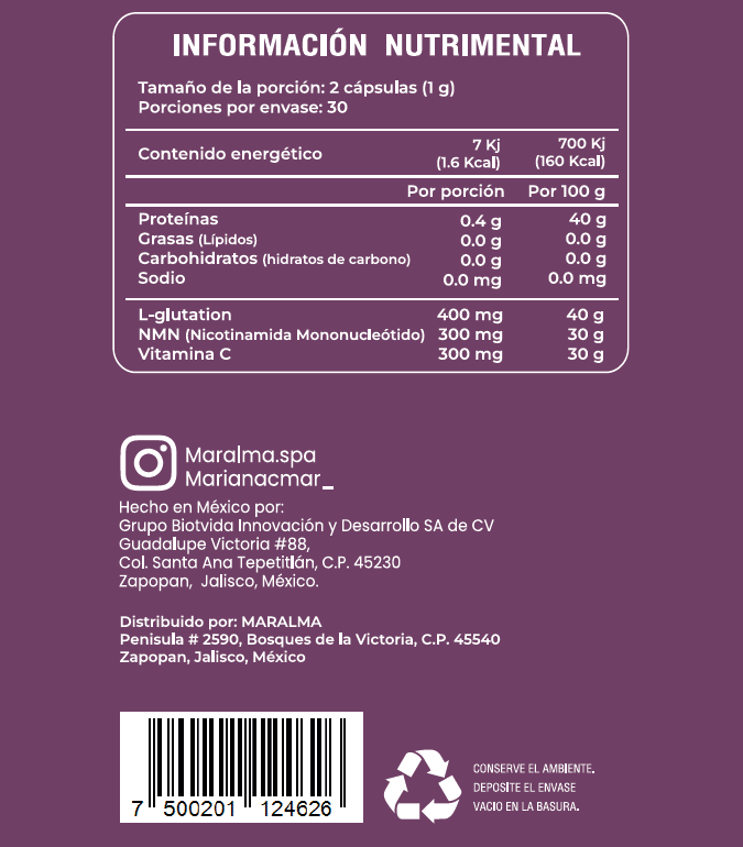 ESSENZA RGN · Suplemento a base de NMN, L-Glutatión y Vitamina C.